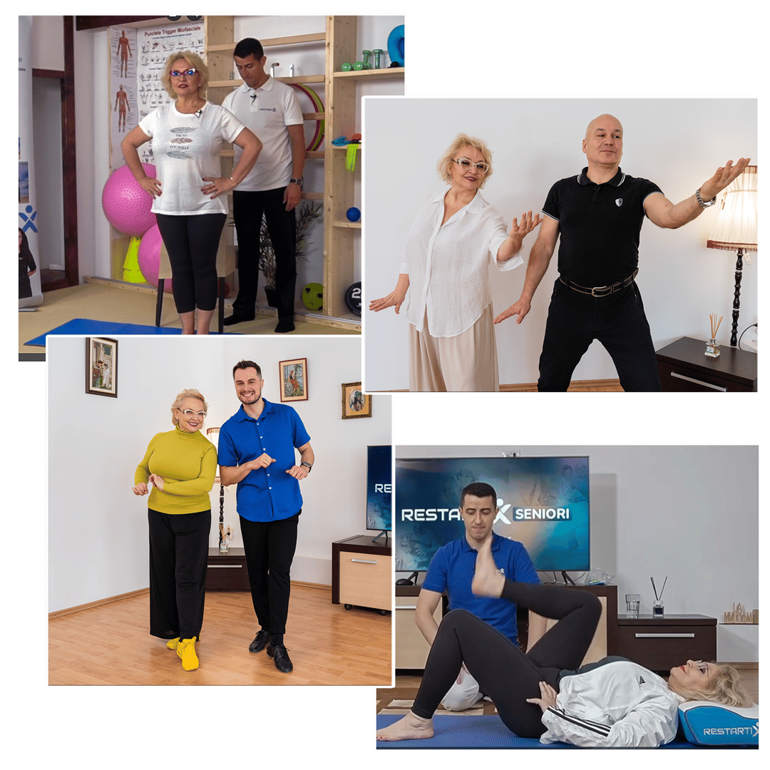 Mihaela și Alexandru filmând programul RestartX Seniori — NeuroDance, exerciții, relaxare, în studio și acasă