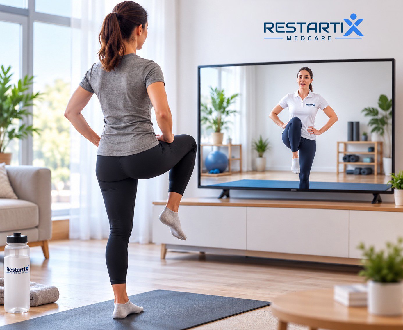 Femeie făcând exerciții de recuperare acasă, urmărind un specialist RestartiX pe televizor