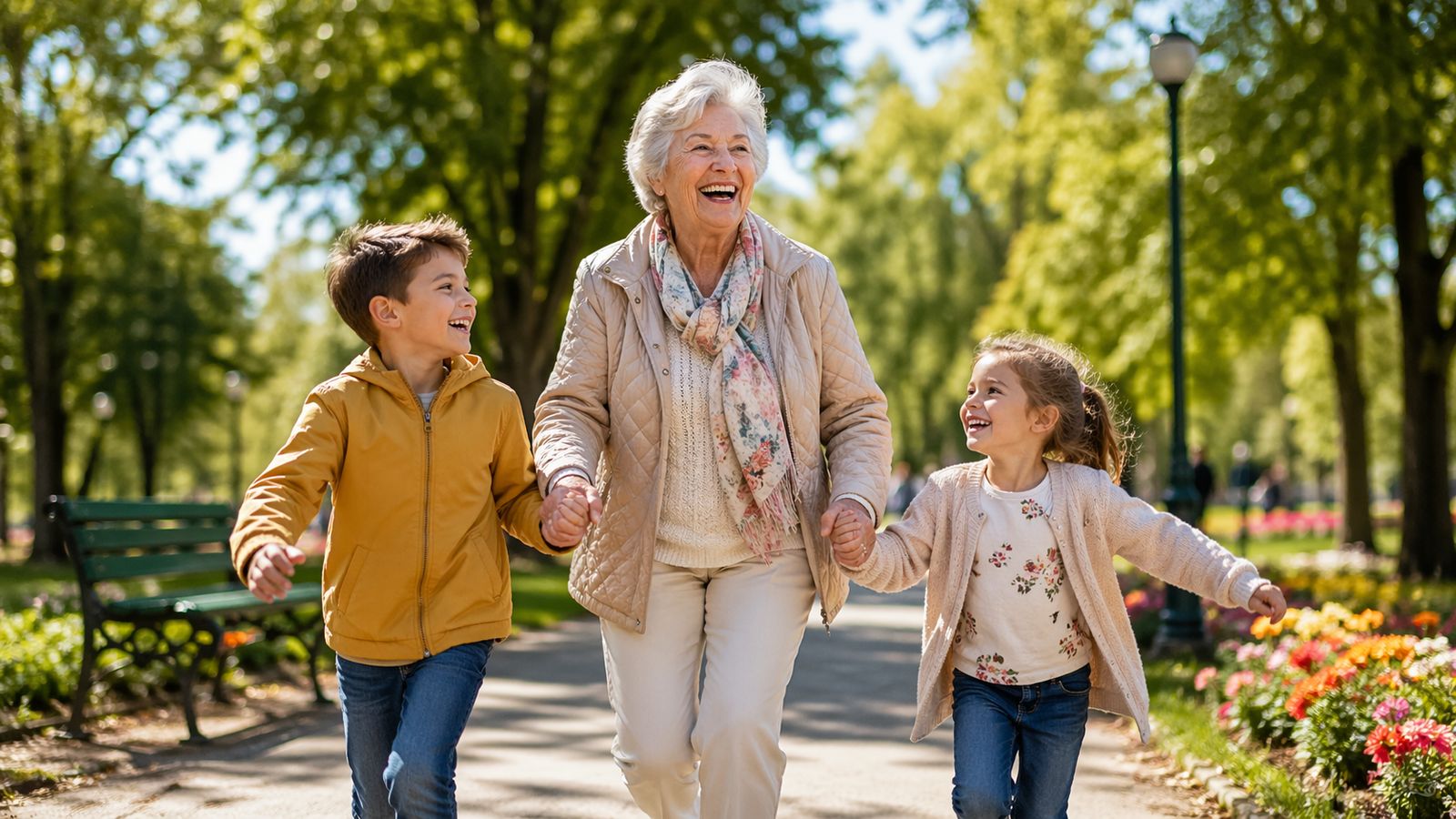 Senioară de peste 65 de ani la plimbare relaxată cu nepoții în parc