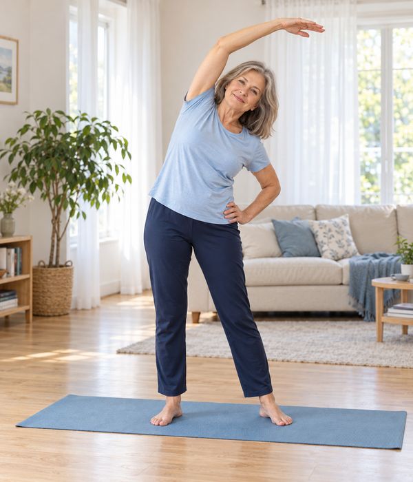 Adult 45-70 ani făcând mișcare acasă într-un spațiu luminos