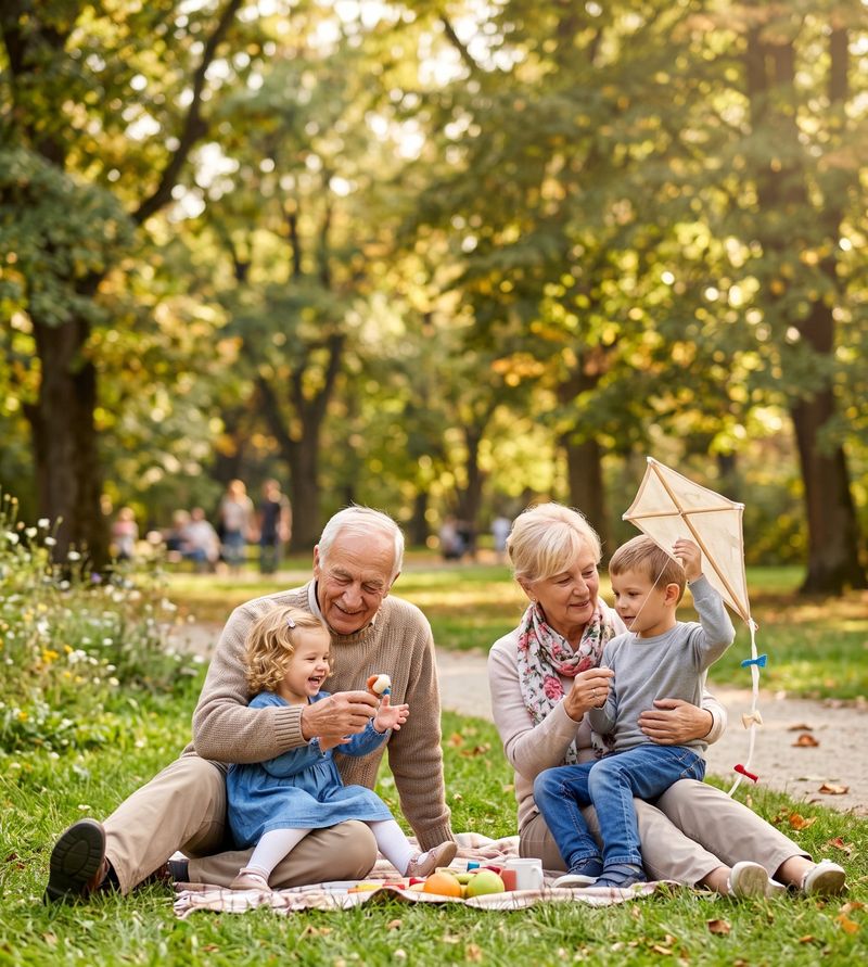 Bunici jucându-se cu nepoții în parc, moment de bucurie autentică